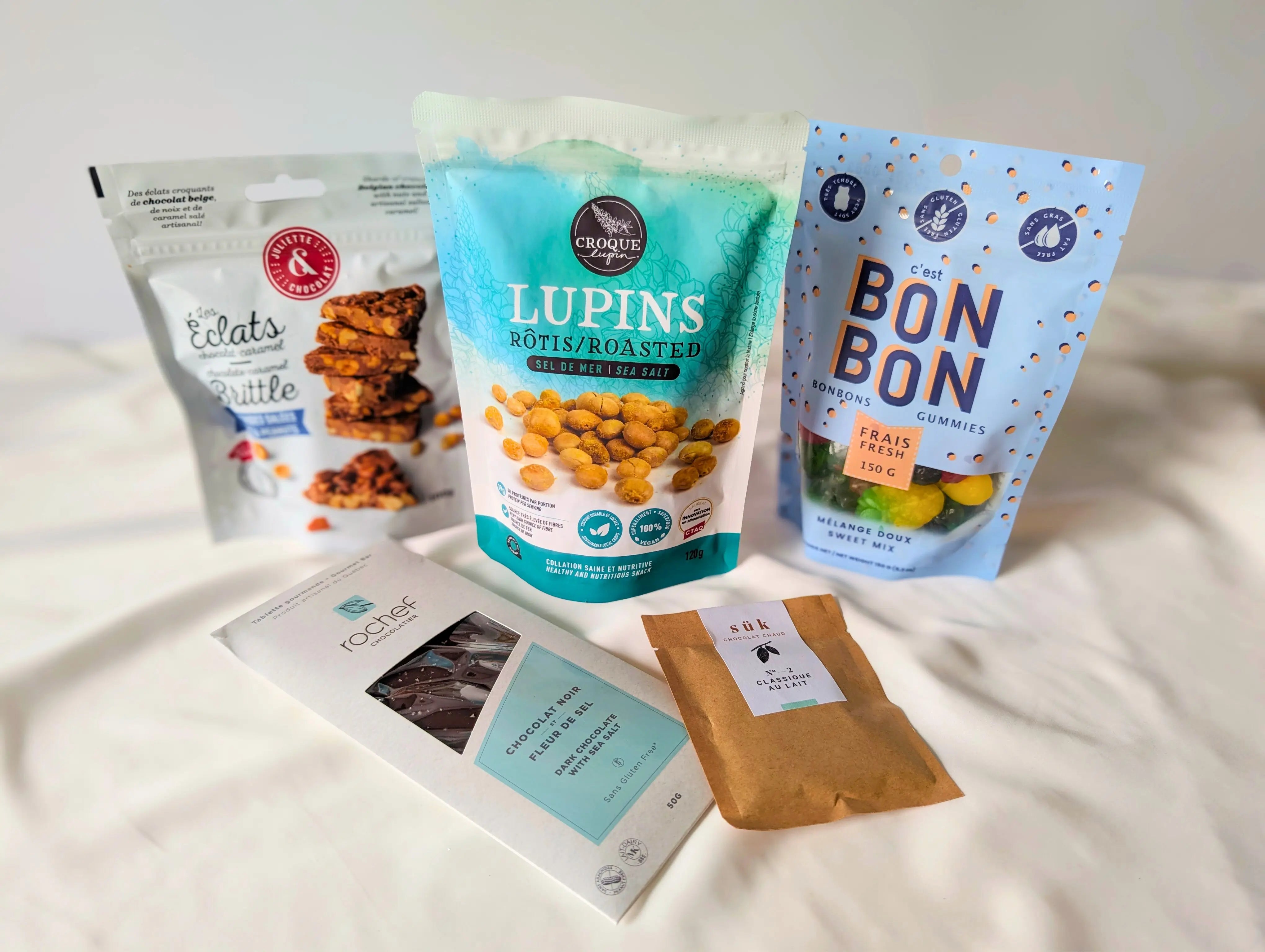 Produits Juliette & Chocolat, Croque-Lupin, C’est Bonbon, Rochef et Sük de la boîte Gourmande Azur