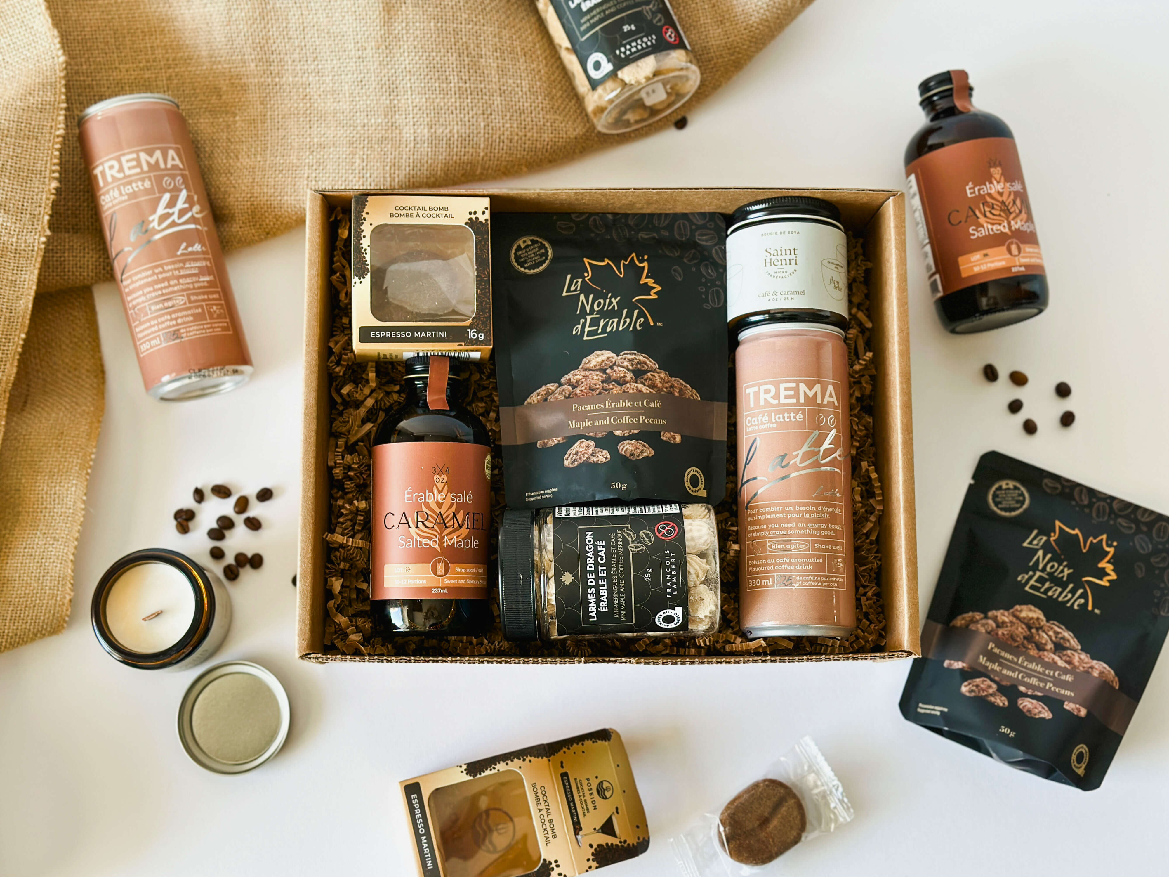 4 oz, latte Trema en canette, pacanes érable et café, bombe espresso martini et chandelle café caramel