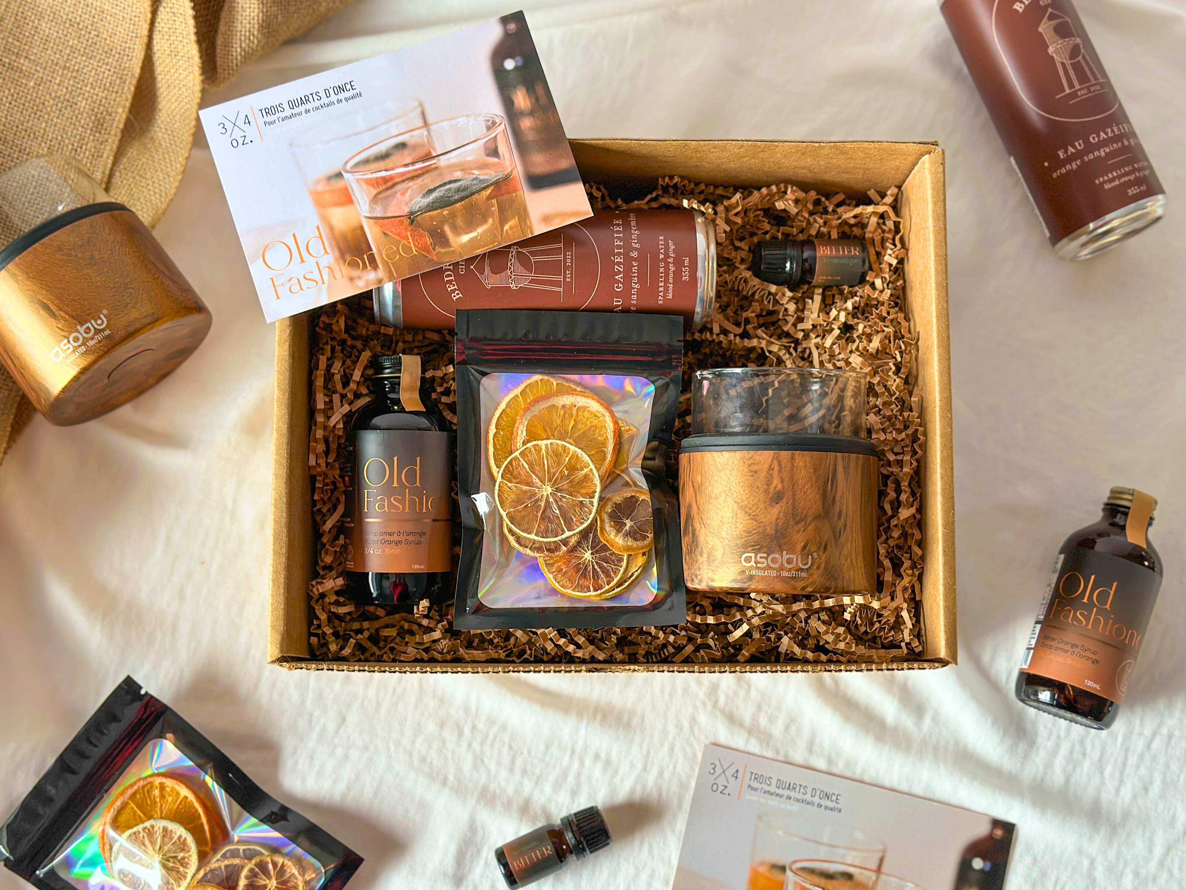 Boîte cadeau cocktail Old Fashioned avec sirop 3/4oz, verre Asobu et oranges déshydratées